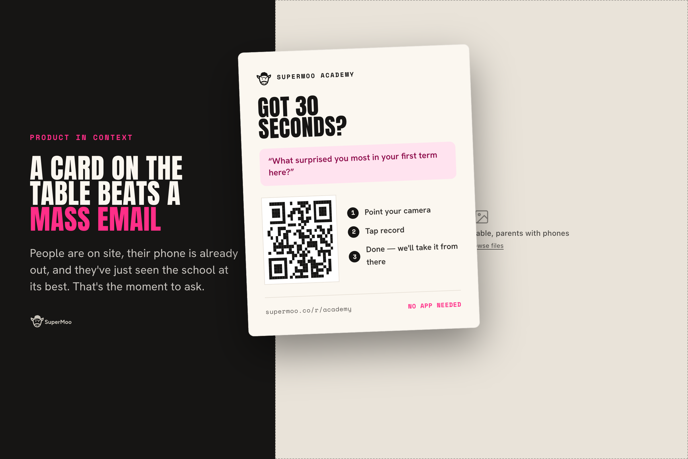 Printed QR card on an open day table inviting parents to record 30 seconds