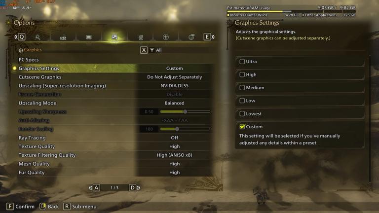 Monster Hunter Wilds Advanced Settings Page One