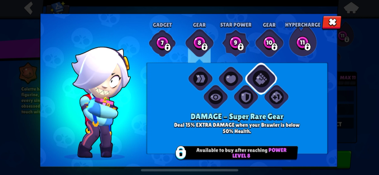 A screenshot of Colette’s “Damage” gear in Brawl Stars.