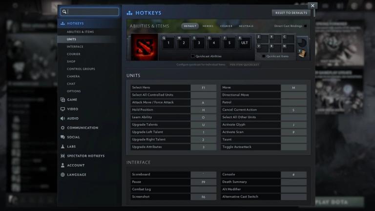 Default hotkeys in Dota 2
