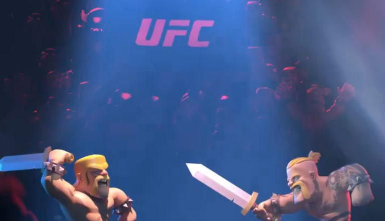 An image of two barbarians fighting with a UFC flag in the background in Clash Royale.