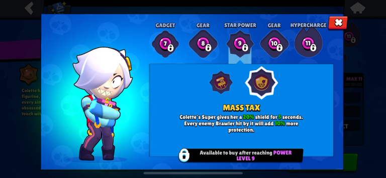 A screenshot of Colette’s “Max Tax” Star Power in Brawl Stars.