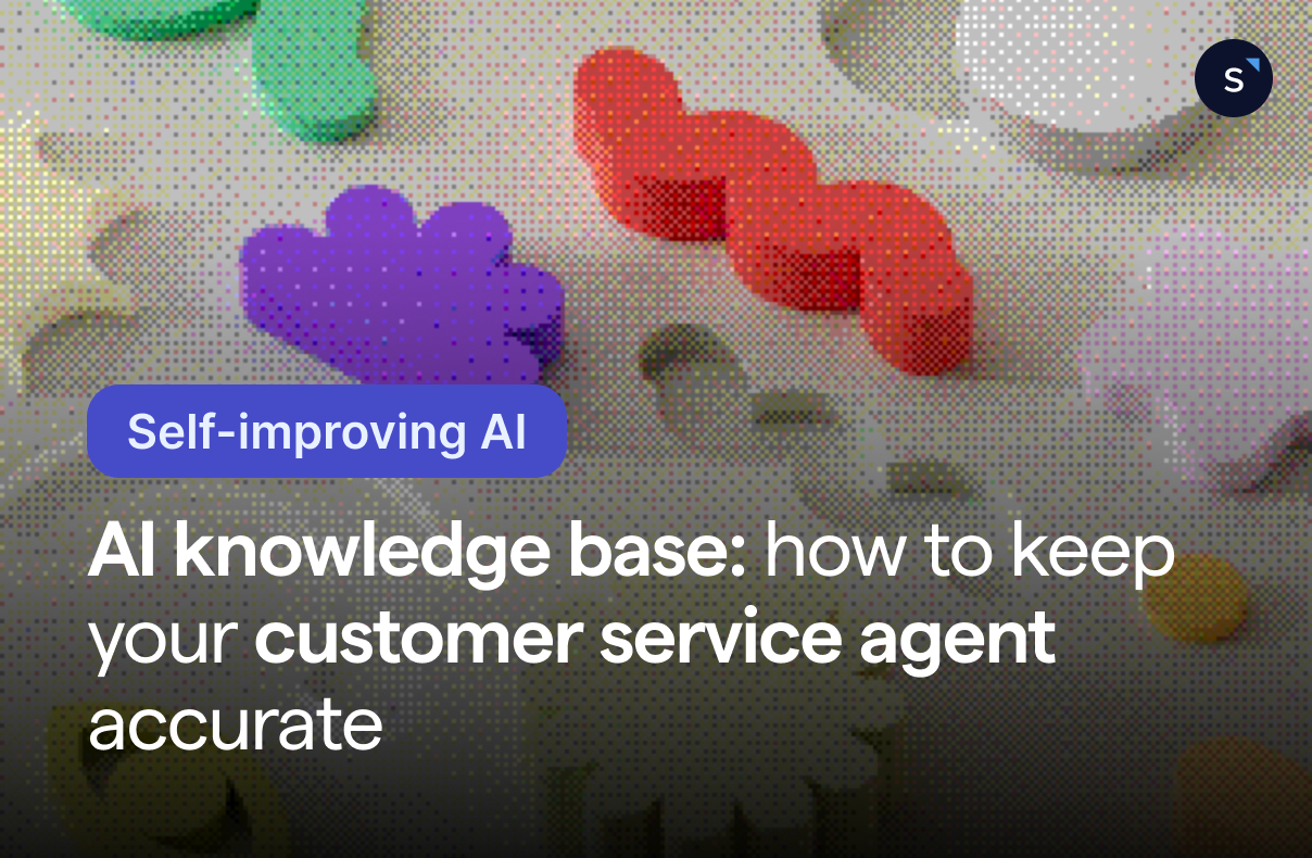 Blue Self-improving AI tag and the title AI knowledge base: how to keep your customer service agent accurate, over colorful 3D shapes