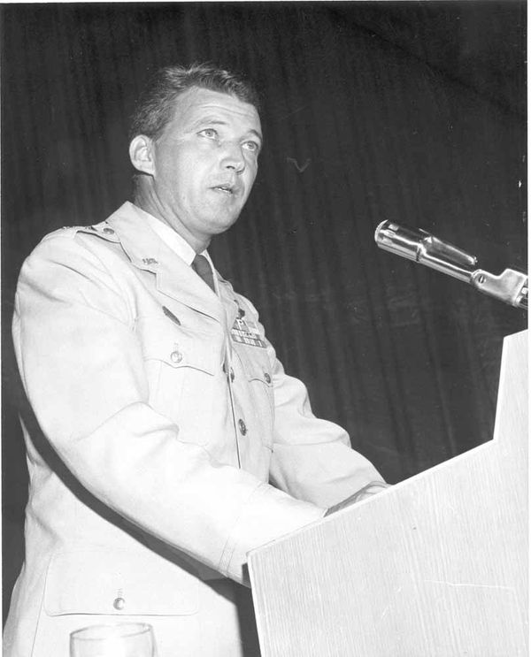 Schriever gives a speech, 1958 