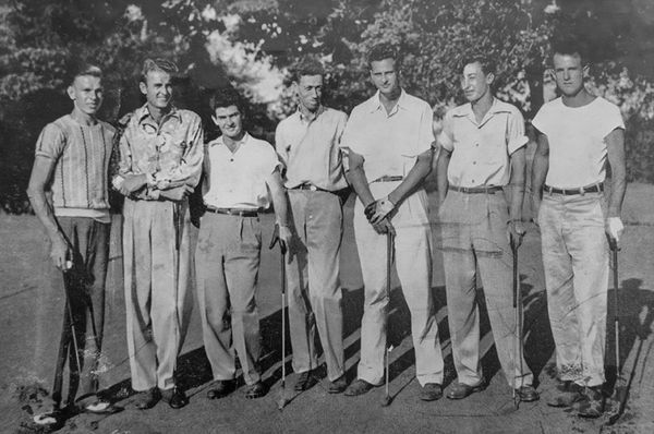 Photo of Marion Pfluger, Bob Watson, Eddie Burke, Harvey Penick, Ed Hopkins, Morris Williams Jr, Blackie Dahlberg