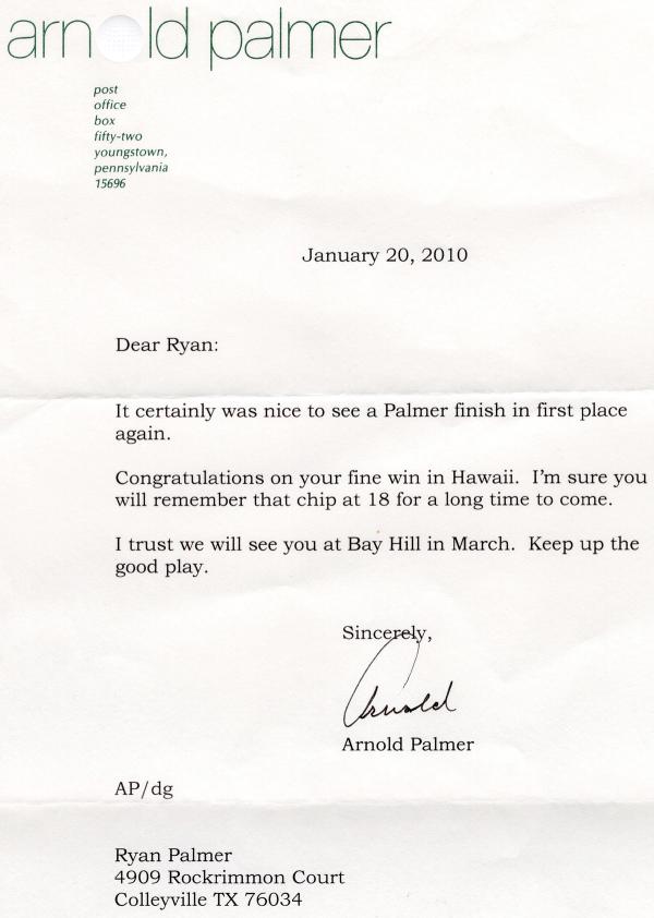 Letter from Arnold Palmer to Ryan Palmer