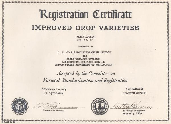 Certificate for Improved Crop Varieties 