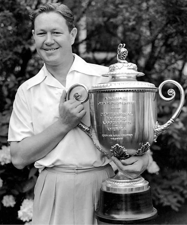 Bryon Nelson hoisting the Wanamaker trophy. One of his two PGA Championship wins.