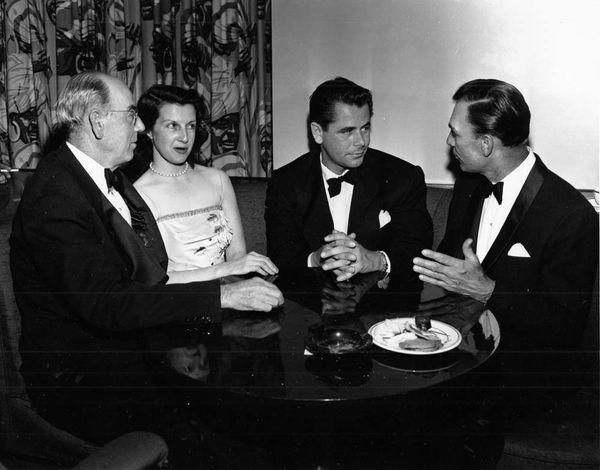 Marvin Leonard with Valarie Hogan, Glenn Ford, and Ben Hogan at the premiere of "Follow The Sun"