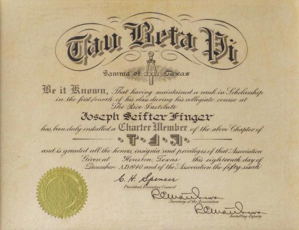 Charter Member of Tau Beta Pi - December 18, 1940