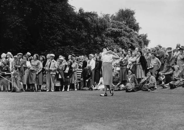Rawls teeing off at the 1951 Women's Amateur at Wentworth Golf Club