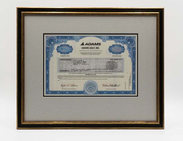 Barney Adams original stock certificate for Adams Golf Inc.