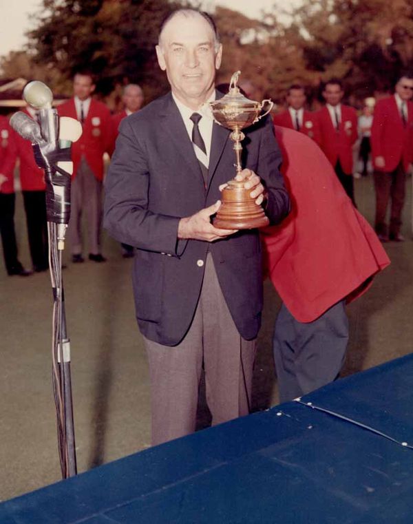 Ben Hogan hoisting the Ryder Cup trophy, Champions Golf Club 1967