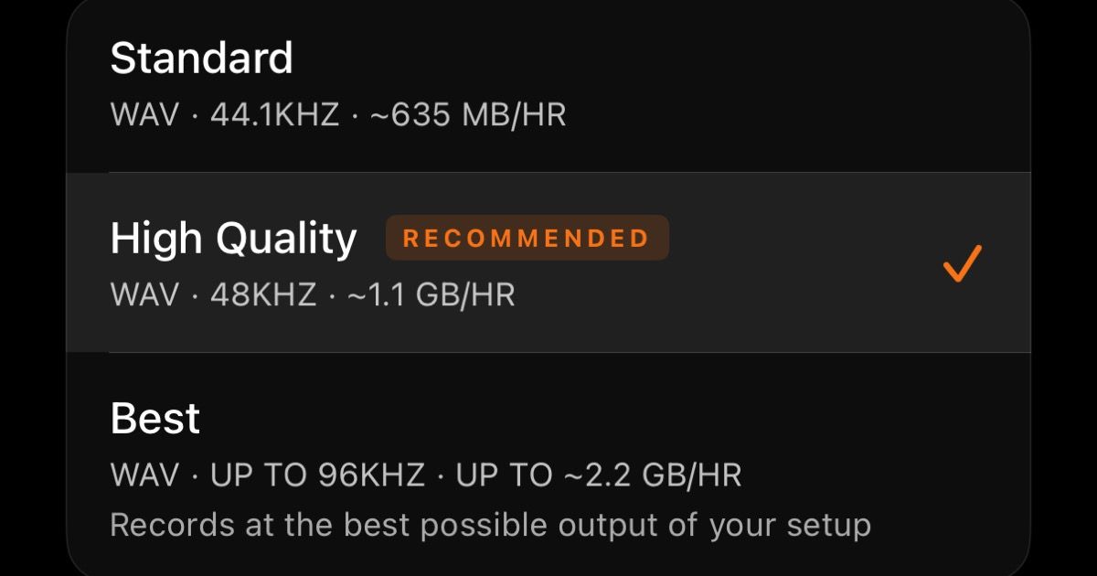 Ohm Settings screen showing Standard, High Quality and Best recording format cards on a dark interface