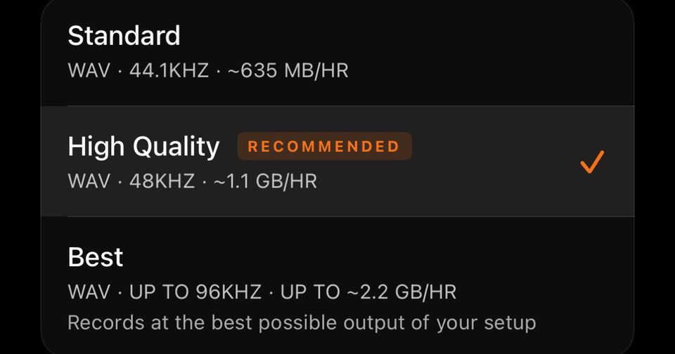 Ohm Settings screen showing Standard, High Quality and Best recording format cards on a dark interface