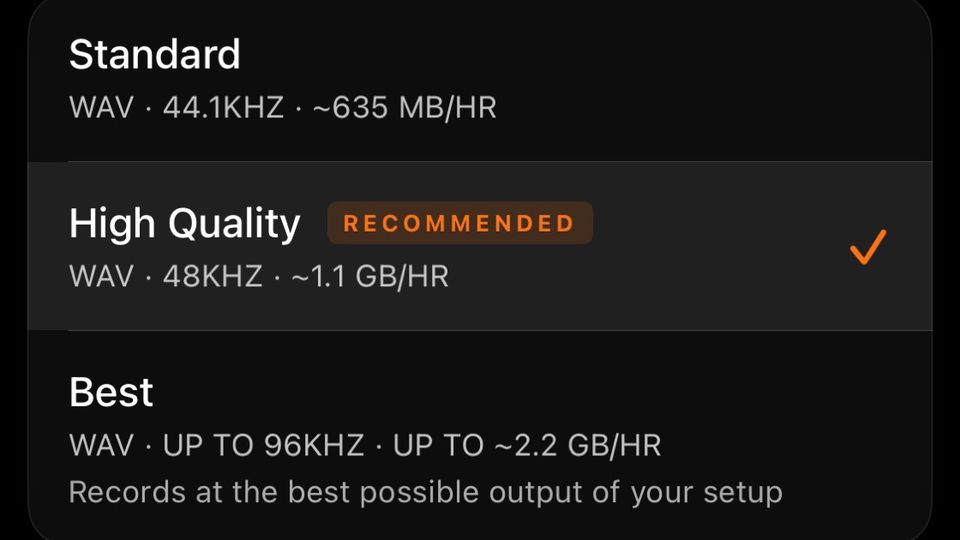 Ohm Settings screen showing Standard, High Quality and Best recording format cards on a dark interface