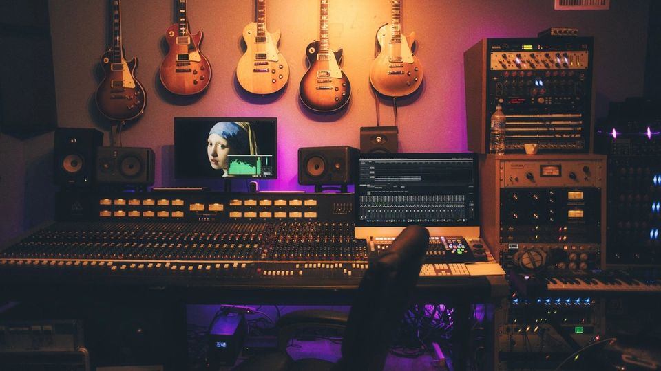 Professional recording studio with analog mixing console