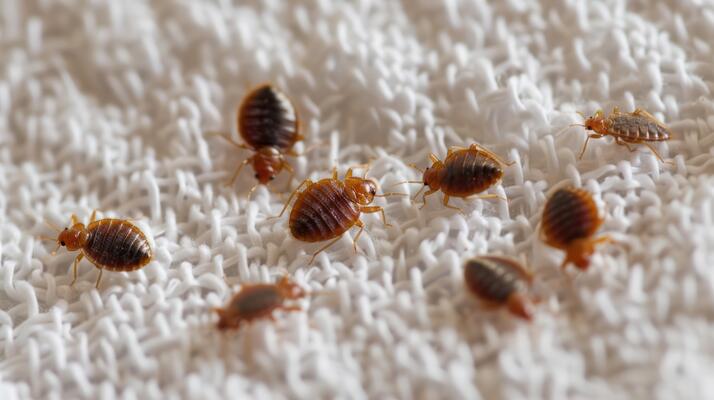 close up image of bed bugs in the white blanket