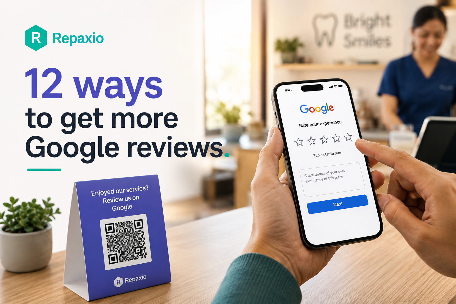 Customer scanning an indigo QR code at a café counter to open a Google review screen on their phone.