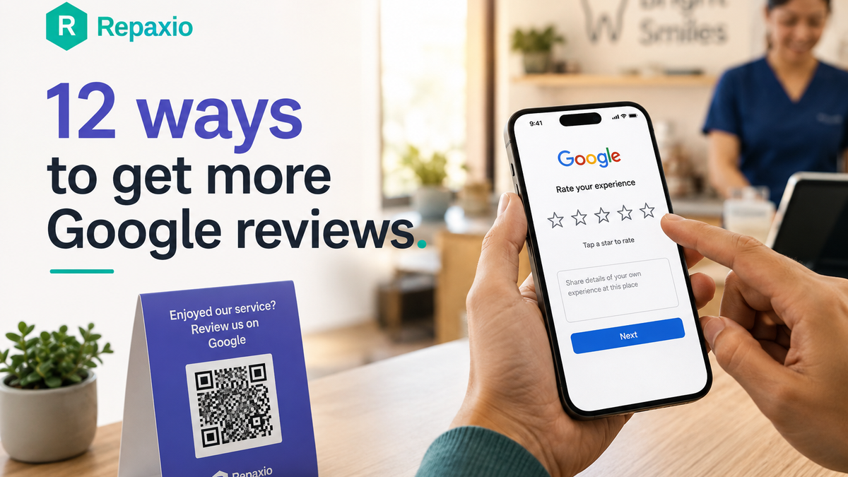 Customer scanning an indigo QR code at a café counter to open a Google review screen on their phone.