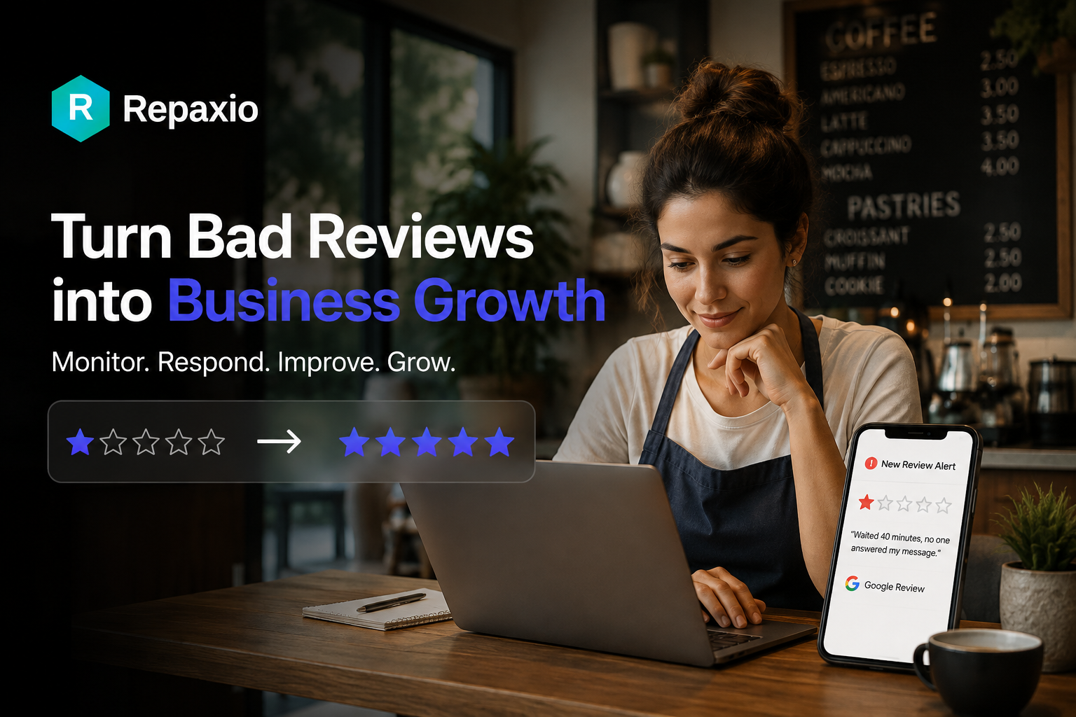 Small business owner calmly typing a reply to a one-star Google review on a laptop