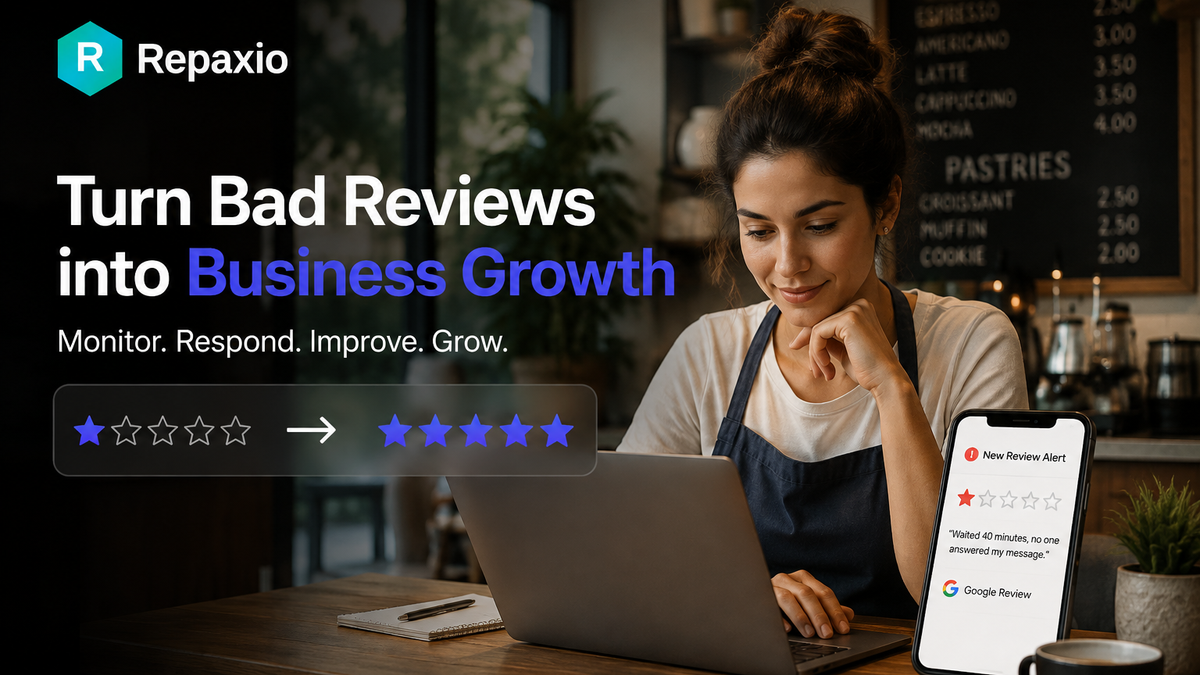 Small business owner calmly typing a reply to a one-star Google review on a laptop