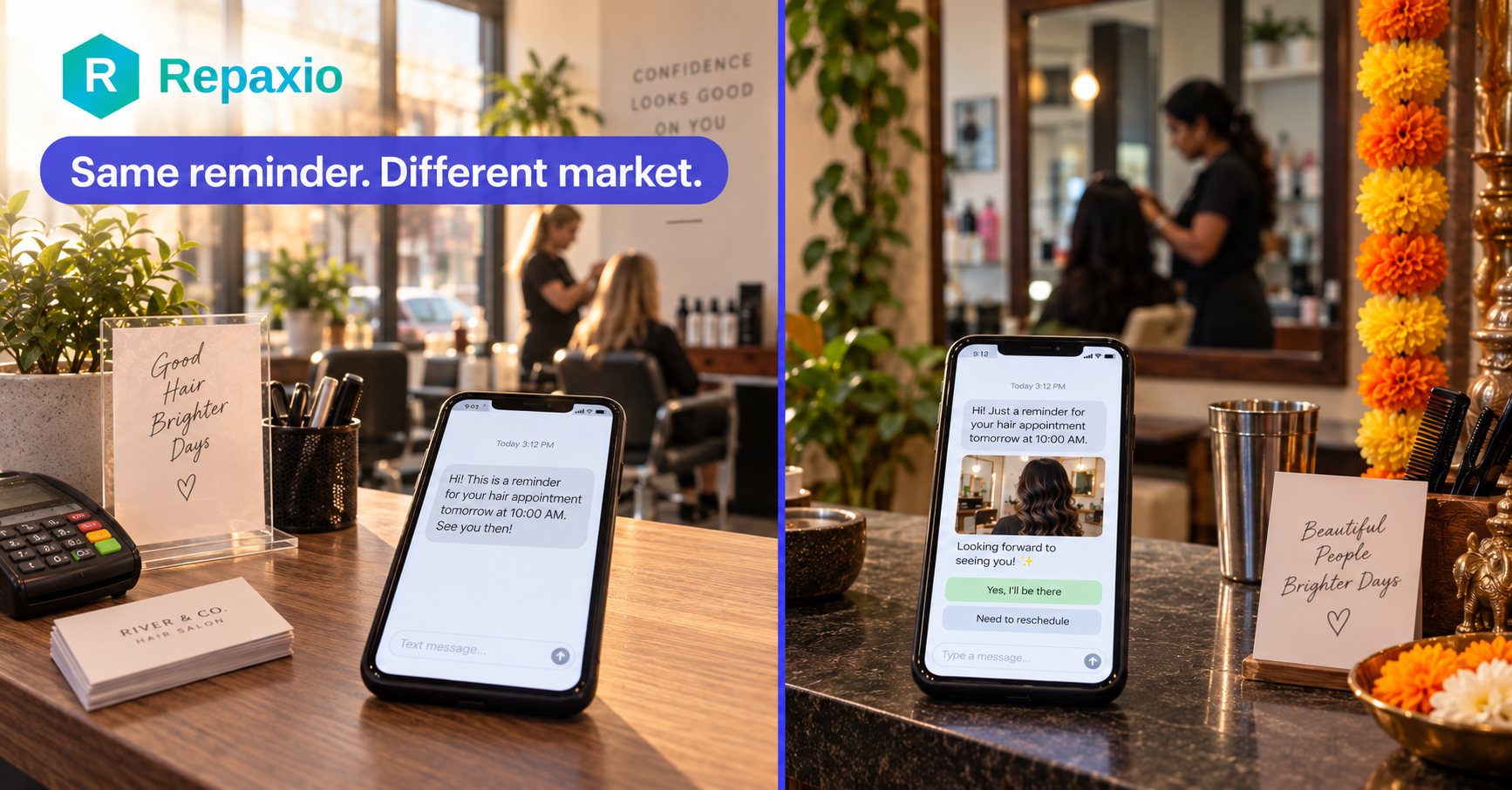 Two phones on salon counters: one in the US showing a text reminder, one in India showing a chat with reply buttons