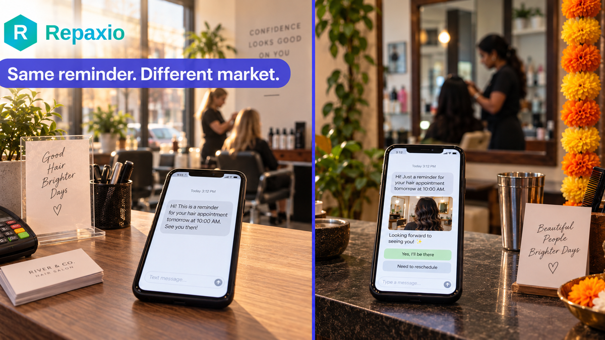 Two phones on salon counters: one in the US showing a text reminder, one in India showing a chat with reply buttons