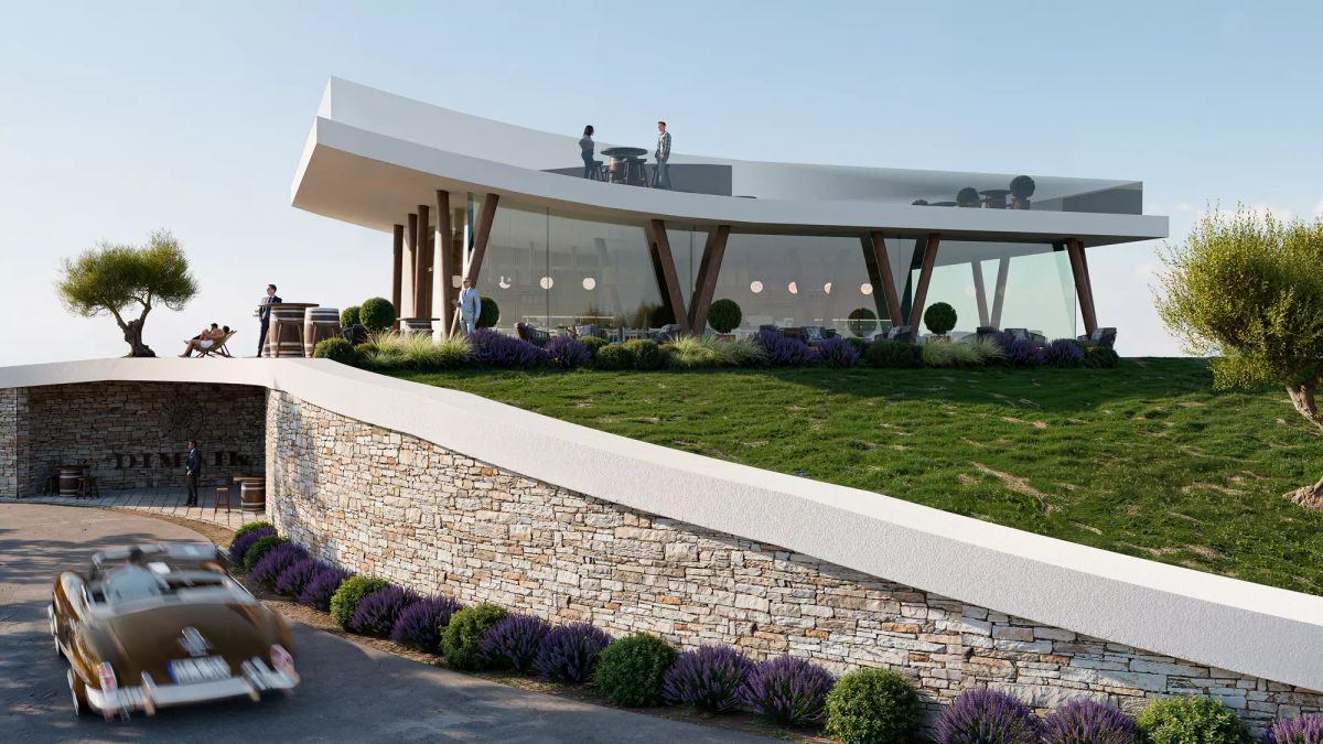 Vinarija Dimnik u Zambratiji — vanjski pogled na suvremenu vinariju koja spaja proizvodni prostor i vidikovac u istarskom krajoliku, projekt arhitektonskog studija IVN Architecture.