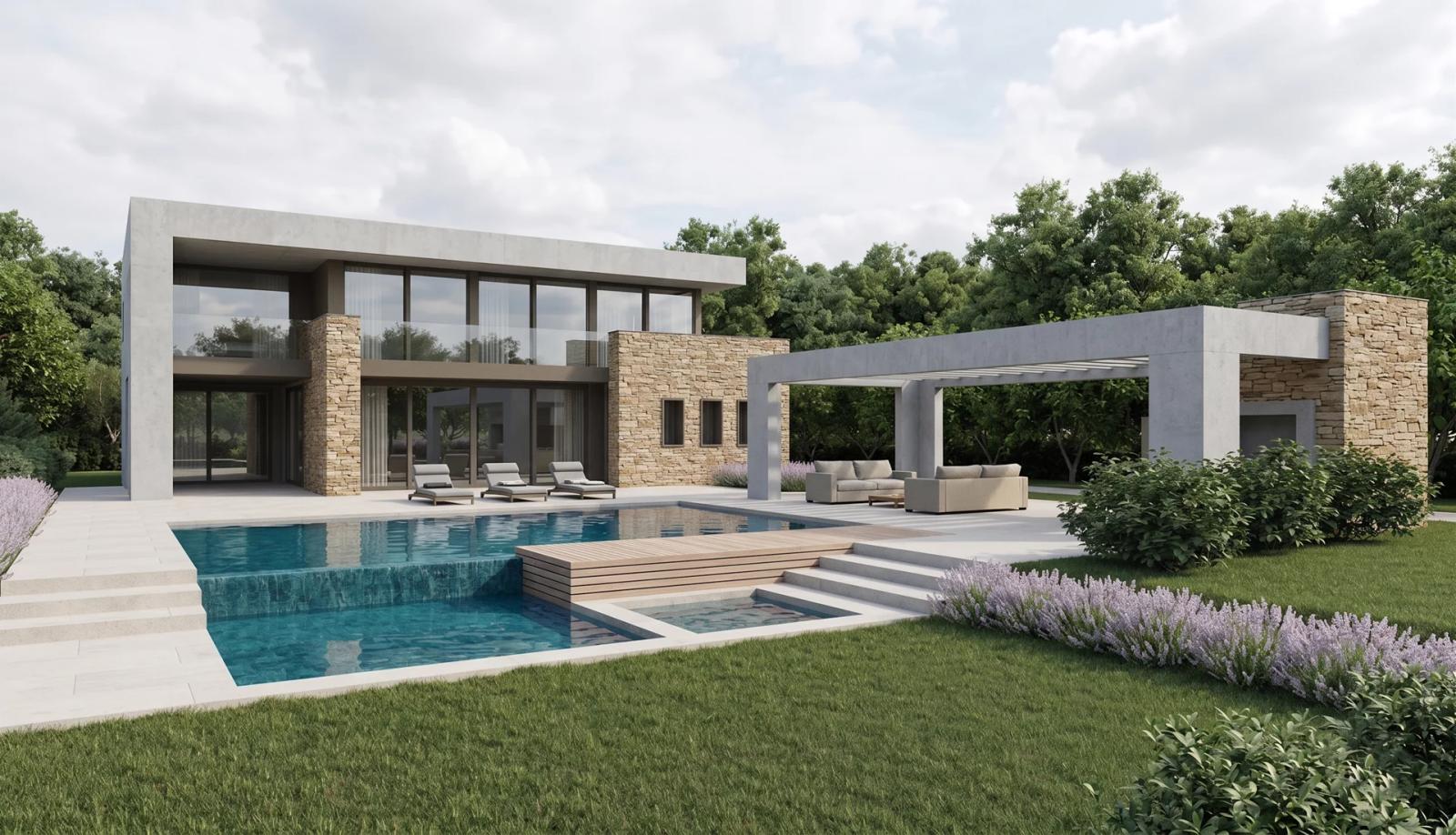 Vila Majmajola — render vile s naglaskom na povezanost arhitekture i okolnog krajolika Istre, projekt IVN Architecture.