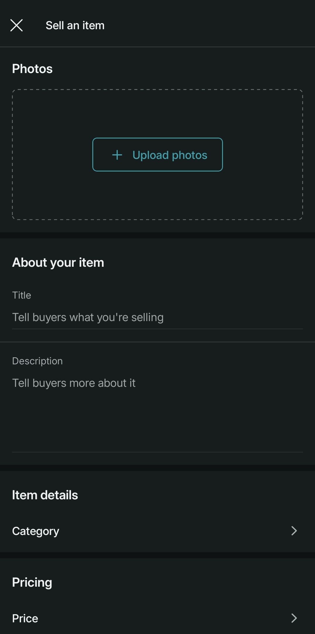 Screenshot of the Vinted selling screen