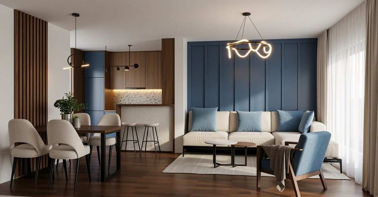 Dnevni boravak sa lamelama - Beograd · stan 58 m² · plava lamperija