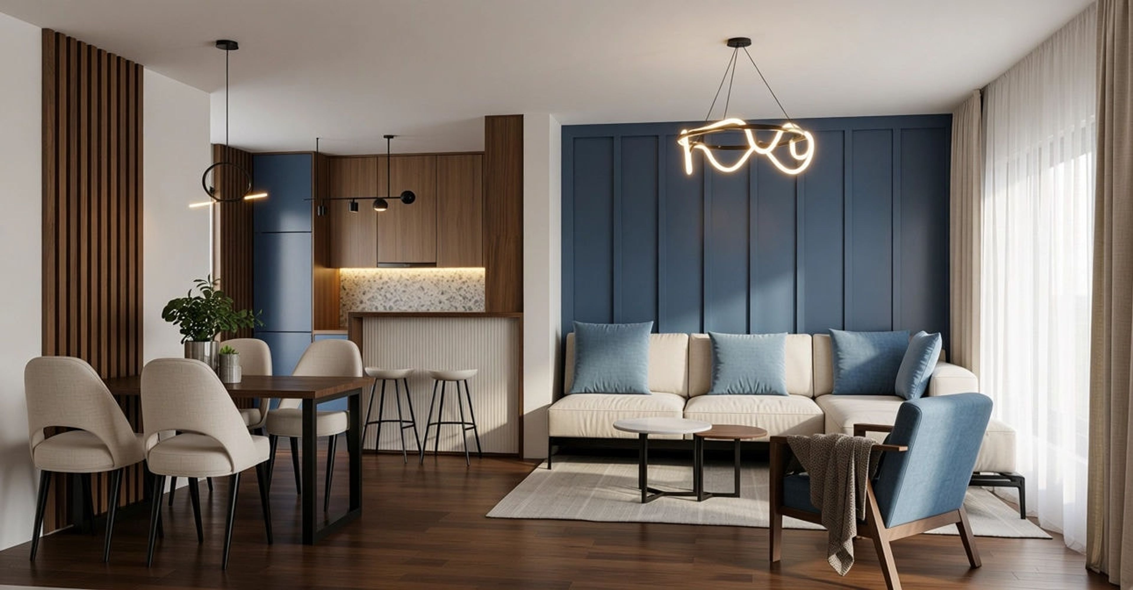 Dnevni boravak sa lamelama - Beograd · stan 58 m² · plava lamperija