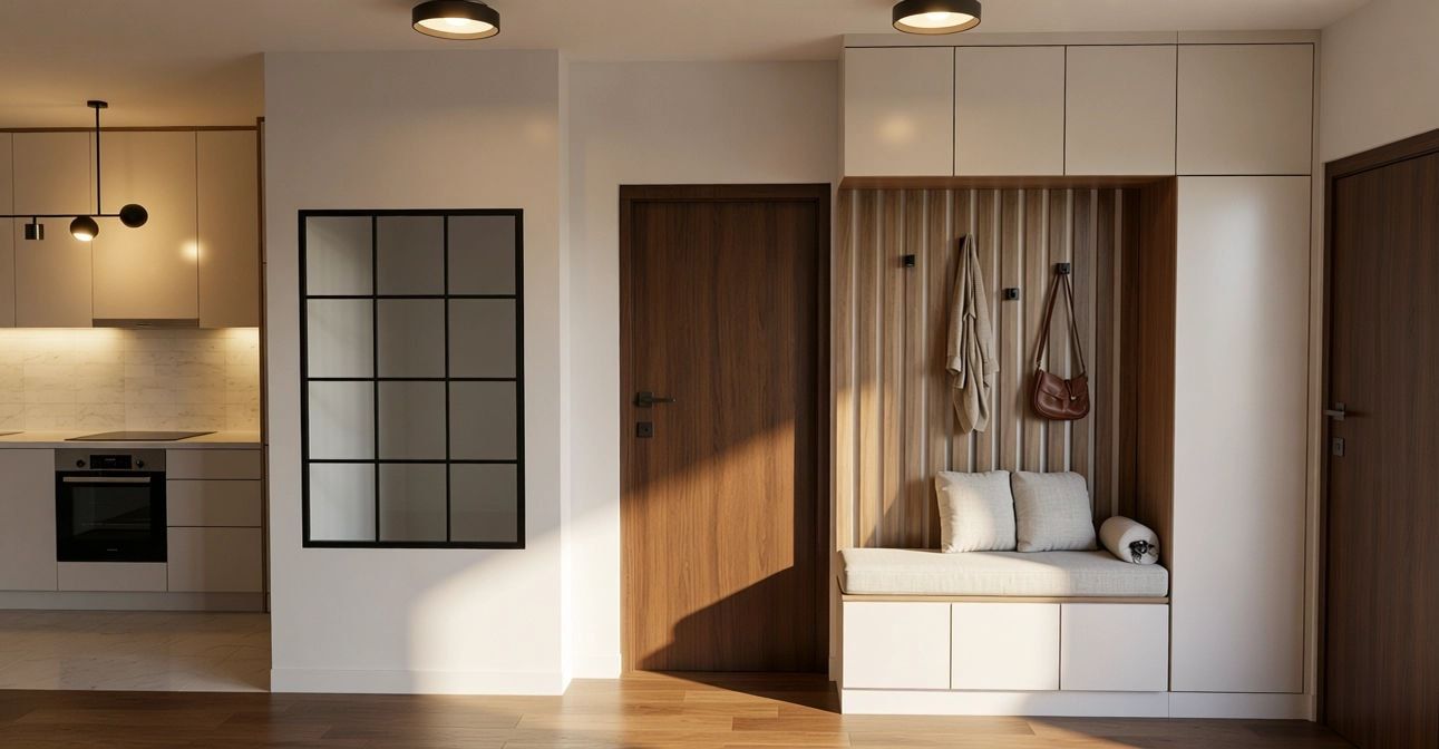 Predsoblje sa klupom - Beograd · stan 72 m² · hrast + bela