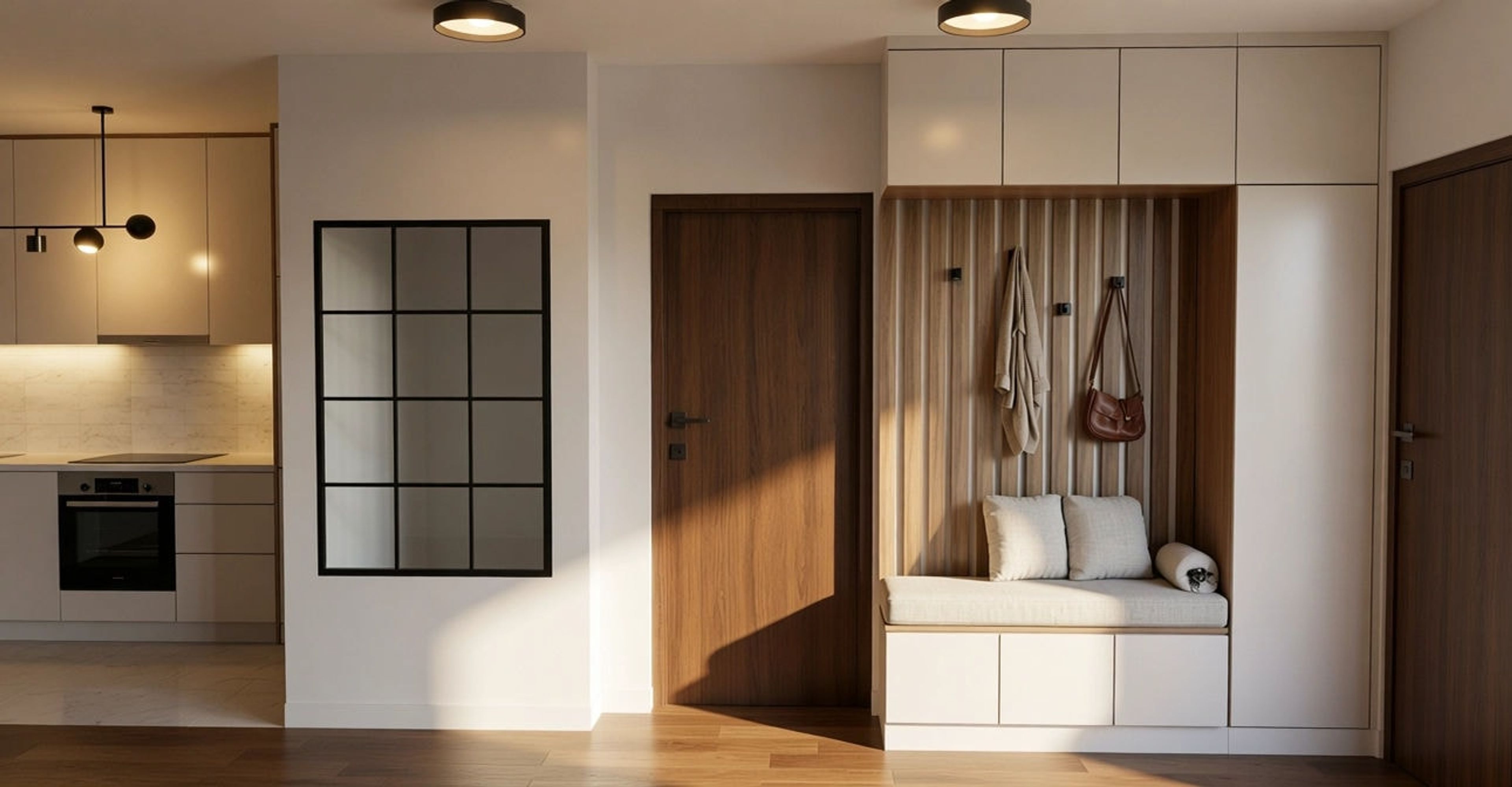 Predsoblje sa klupom - Beograd · stan 72 m² · hrast + bela
