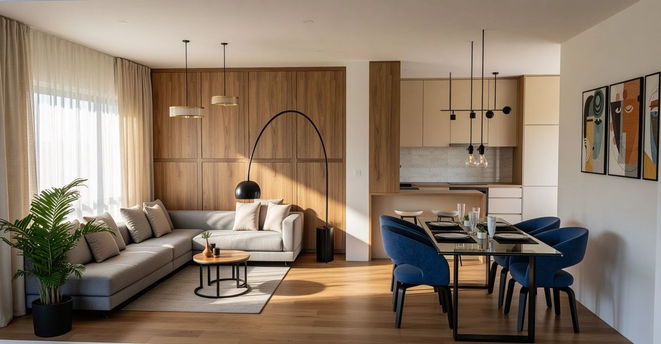 Dnevni boravak i trpezarija - Beograd · stan 72 m² · hrast + bež