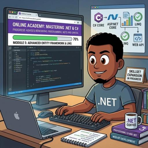 An illustration of CoreyInDaHouse27's in a cartoon art style sitting at a desk with a computer and laptop, actively taking an online course for .NET and C#. He wears a shirt with a large .NET logo on the chest. He holds a mouse and typing on a keyboard with both hands. The monitor displays an online course titled "ONLINE ACADEMY: MASTERING .NET & C#" with a progress bar at 70%. It has text for Module 5 which covers ADVANCED ENTITY FRAMEWORK & LINQ. In the background there is a bookshelf and posters featuring C# Core, ASP.NET Core, LINQ, and Web API. A framed sign reads SKILLSET EXPANSION IN PROGRESS. There is a stack of books for PROFESSIONAL C# AND .NET and WEB API DEVELOPMENT next to a coffee mug that reads .NET COFFEE.