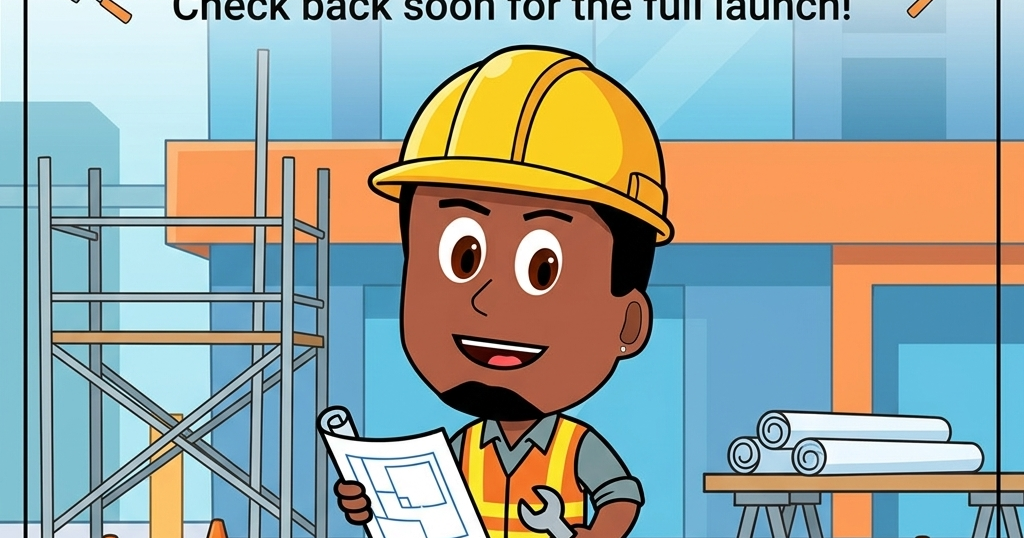 An illustration of a cartoon construction worker character, based on a custom avatar logo, wearing a yellow hard hat and a high-visibility vest. The character stands on a construction site next to scaffolding, traffic cones, and a table with blueprints, holding a wrench and a blueprint map. Above the character, a bold yellow and black hazard stripe banner reads "UNDER CONSTRUCTION", with the accompanying text "NEW LOOK, NEW CONTENT" and "Check back soon for the full launch!" against a light blue background.
