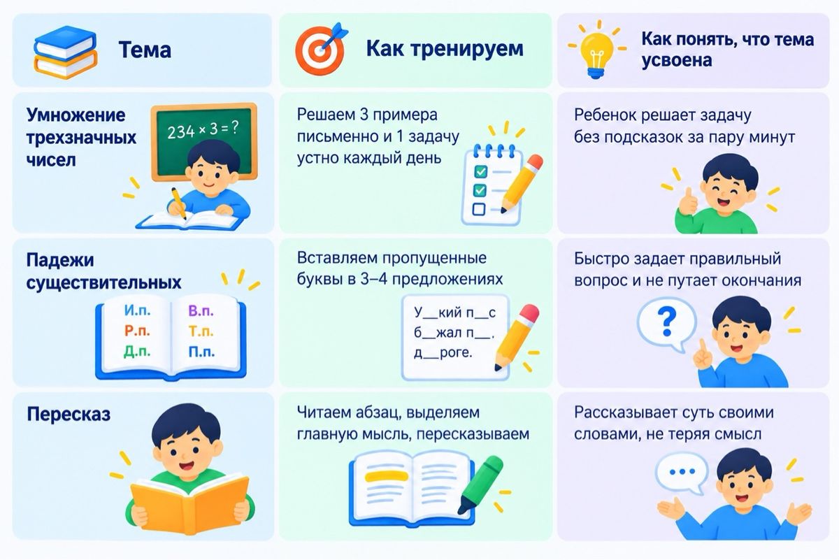 таблица с планом действий до конца начальной школы