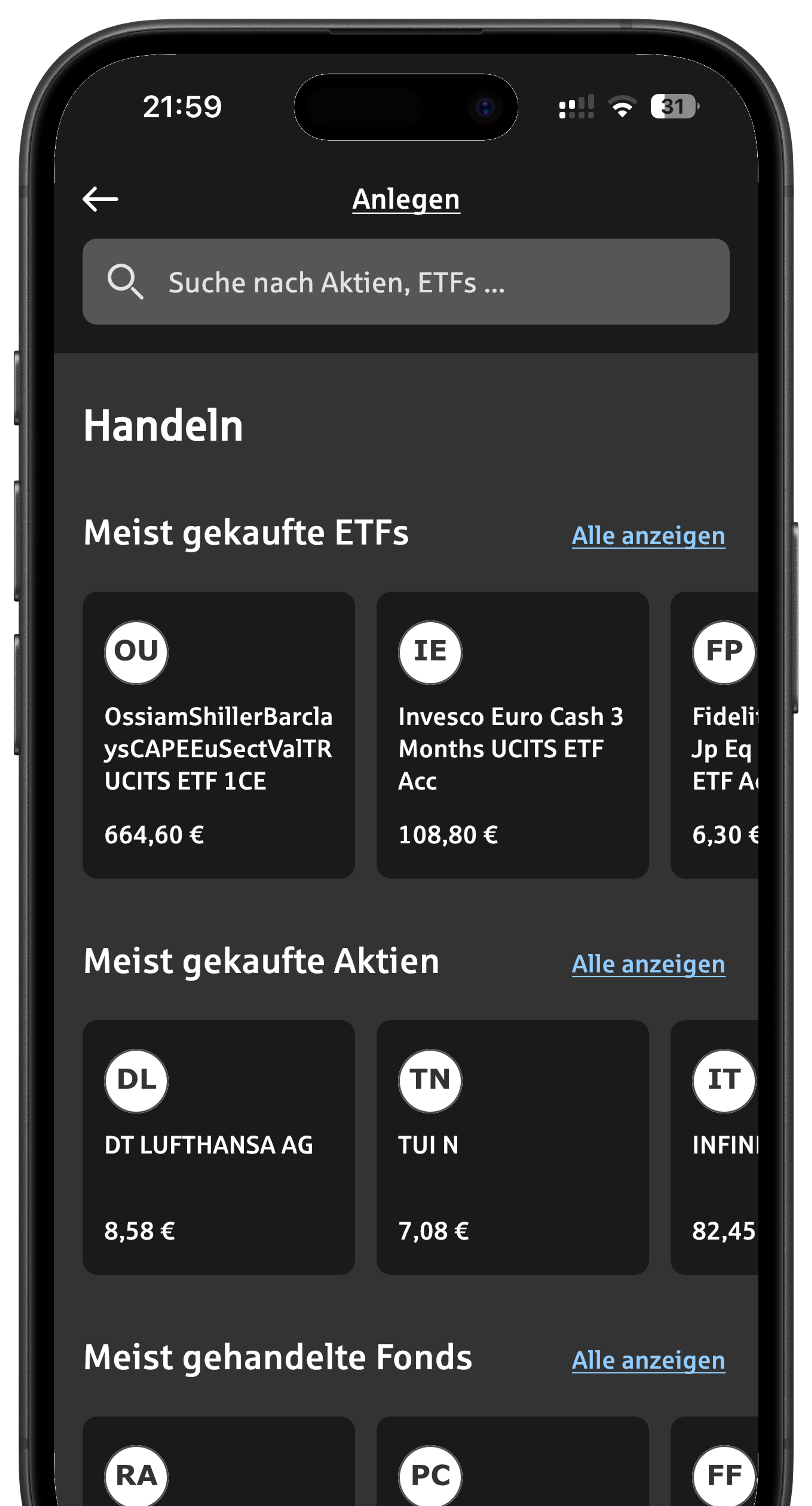 Phone-Mockup: Wertpapiere handeln in der App Sparkasse