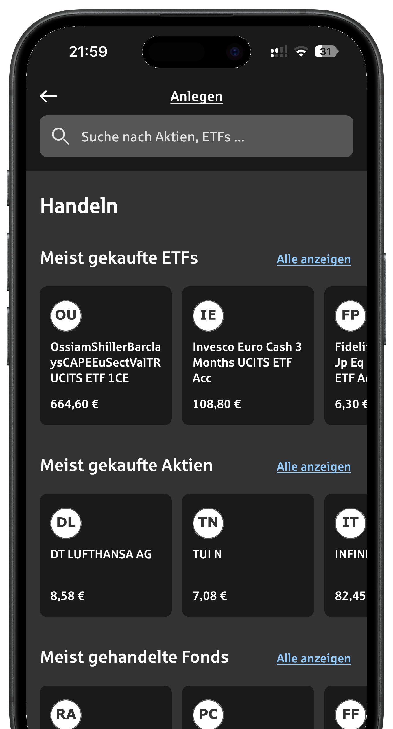 Phone-Mockup: Wertpapiere handeln in der App Sparkasse