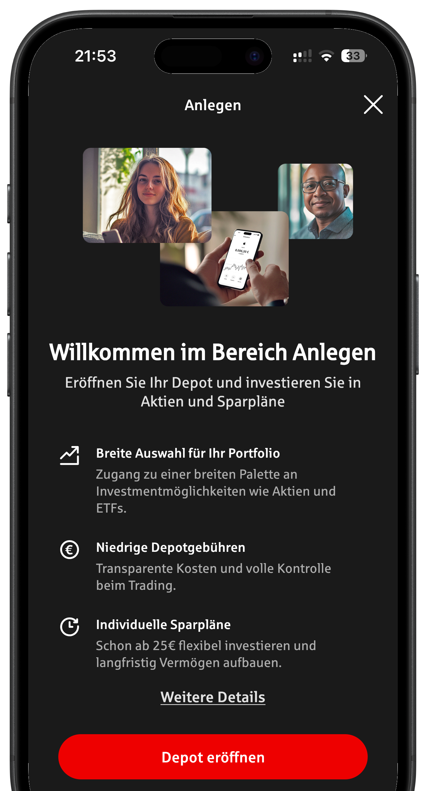 Phone-Mockup: Bereich Anlegen in der App Sparkasse