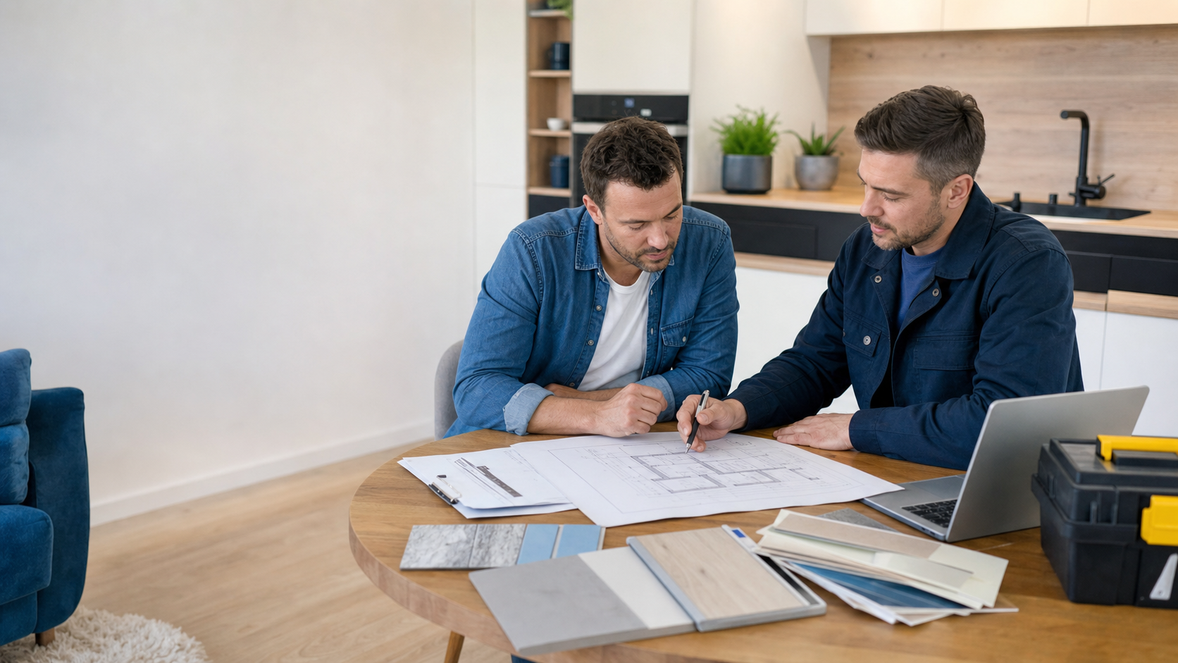 Proprietar discută planul și oferta de renovare cu un meseriaș într-un apartament