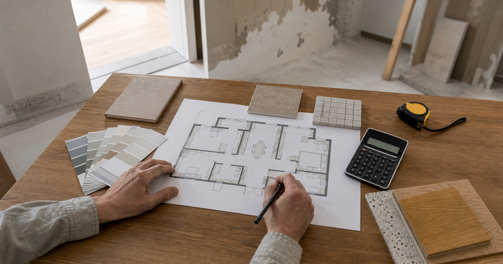 Plan de apartament, calculator și mostre de finisaje pentru pregătirea unui deviz de renovare