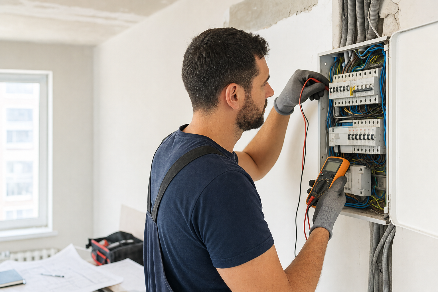 Electrician verifică un tablou electric într-un apartament înainte de renovare