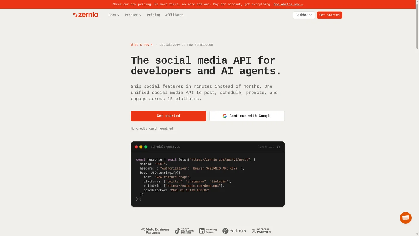 Zernio homepage screenshot