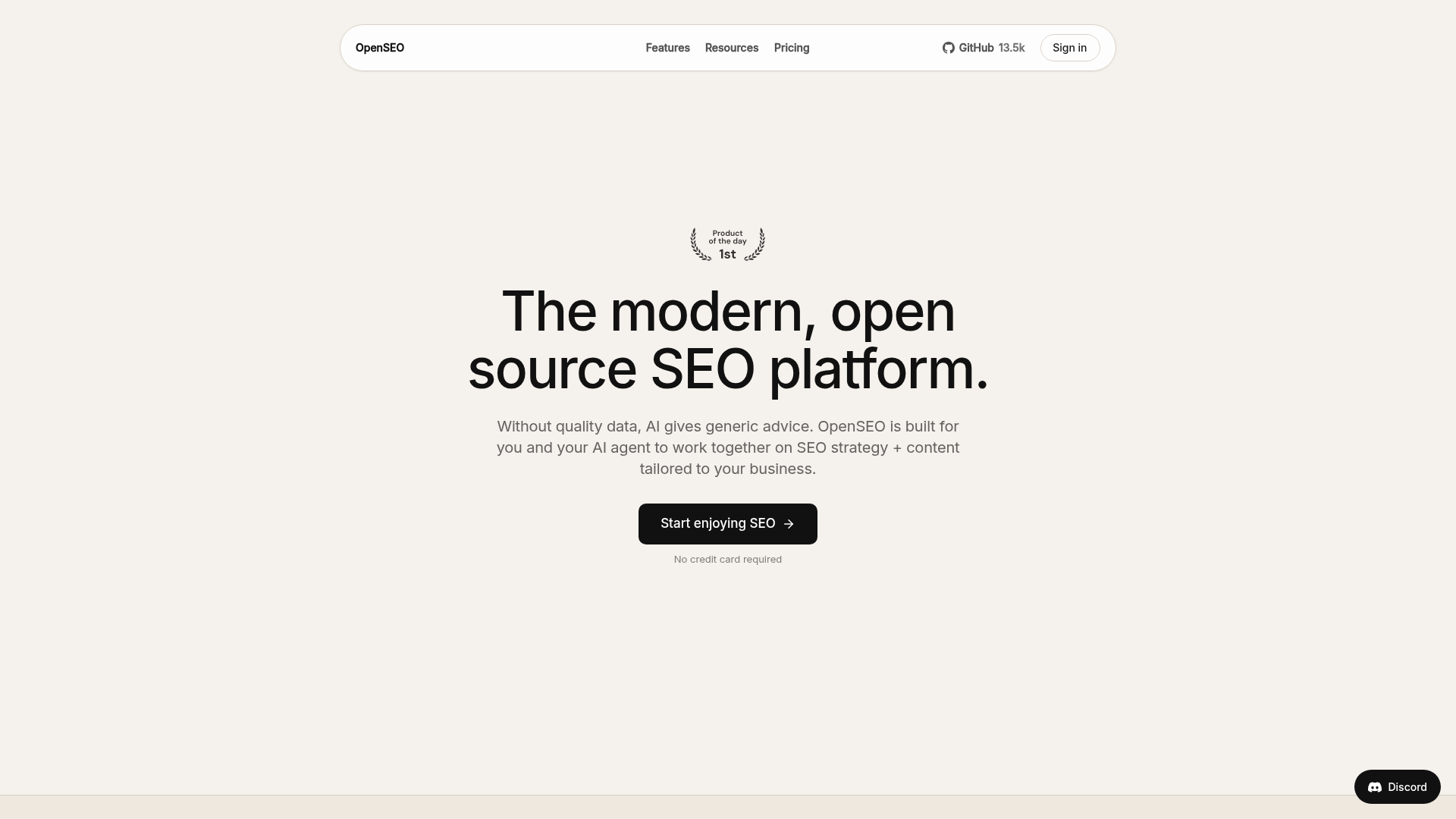 OpenSEO homepage for an open-source SEO platform with MCP