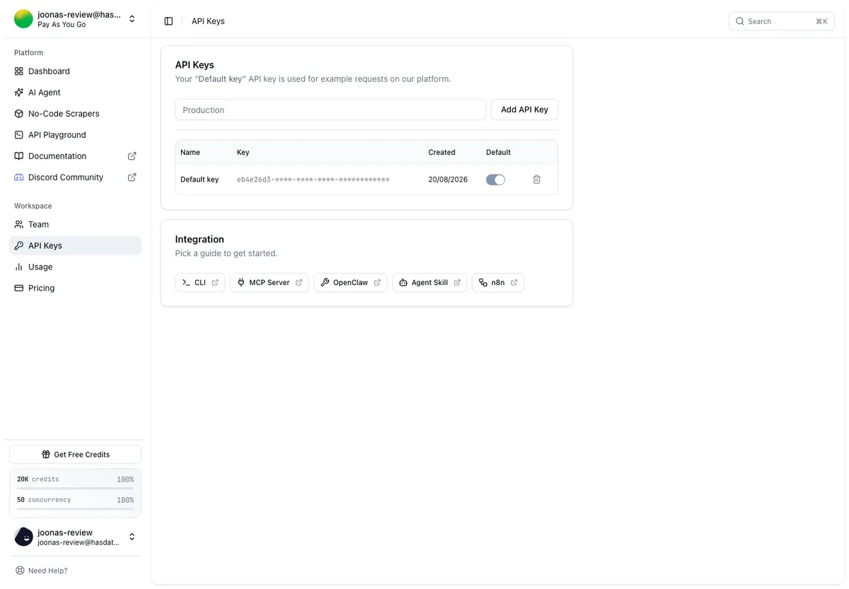 HasData API Keys page showing the default key and integration guides for CLI, MCP Server, OpenClaw, Agent Skill and n8n