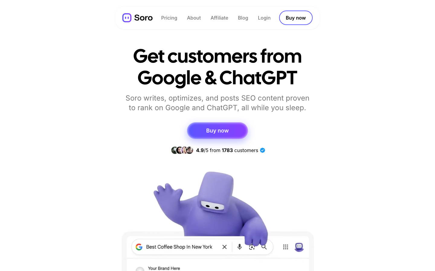 Soro homepage showing its automated SEO and content offer