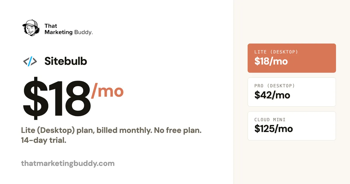 Sitebulb Pricing: $18/mo Lite to $495/mo Cloud Medium